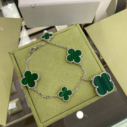 [Super CiCi ]CLOVER 5 MOTIFS SIVLER MALACHITE BRACELET