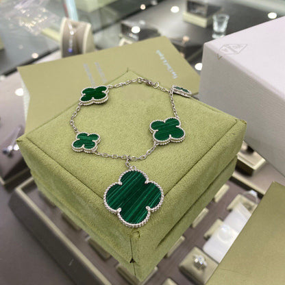 [Super CiCi ]CLOVER 5 MOTIFS SIVLER MALACHITE BRACELET