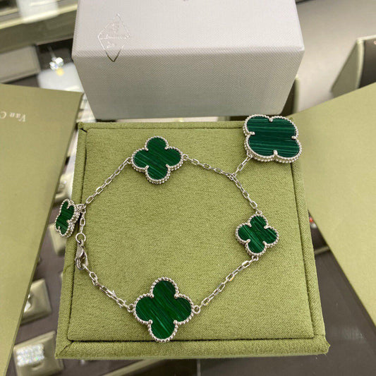 [Super CiCi ]CLOVER 5 MOTIFS SIVLER MALACHITE BRACELET
