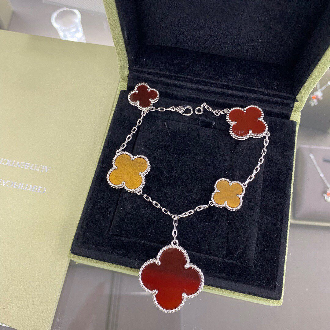 [Super CiCi ]CLOVER 5 MOTIFS SIVLER CARNELIAN TIGER EYE BRACELET