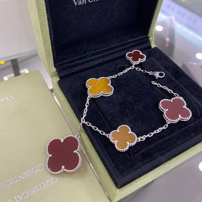 [Super CiCi ]CLOVER 5 MOTIFS SIVLER CARNELIAN TIGER EYE BRACELET