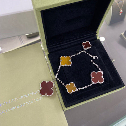 [Super CiCi ]CLOVER 5 MOTIFS SIVLER CARNELIAN TIGER EYE BRACELET