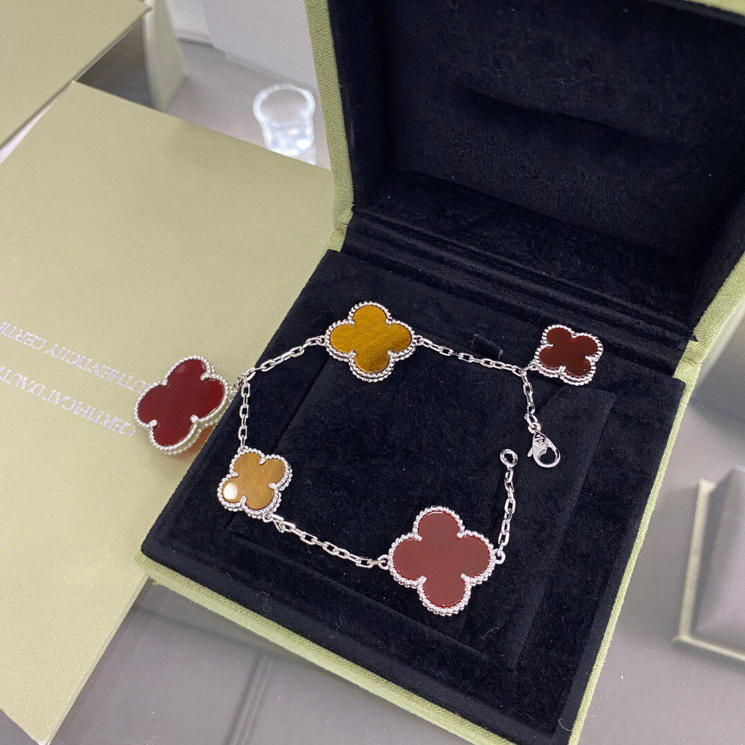 [Super CiCi ]CLOVER 5 MOTIFS SIVLER CARNELIAN TIGER EYE BRACELET