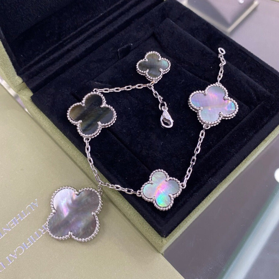 [Super CiCi ]CLOVER 5 MOTIFS SIVLER DARK MOP BRACELET