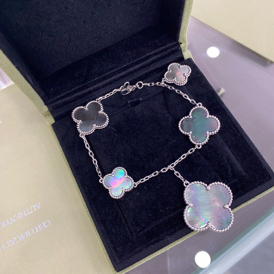 [Super CiCi ]CLOVER 5 MOTIFS SIVLER DARK MOP BRACELET