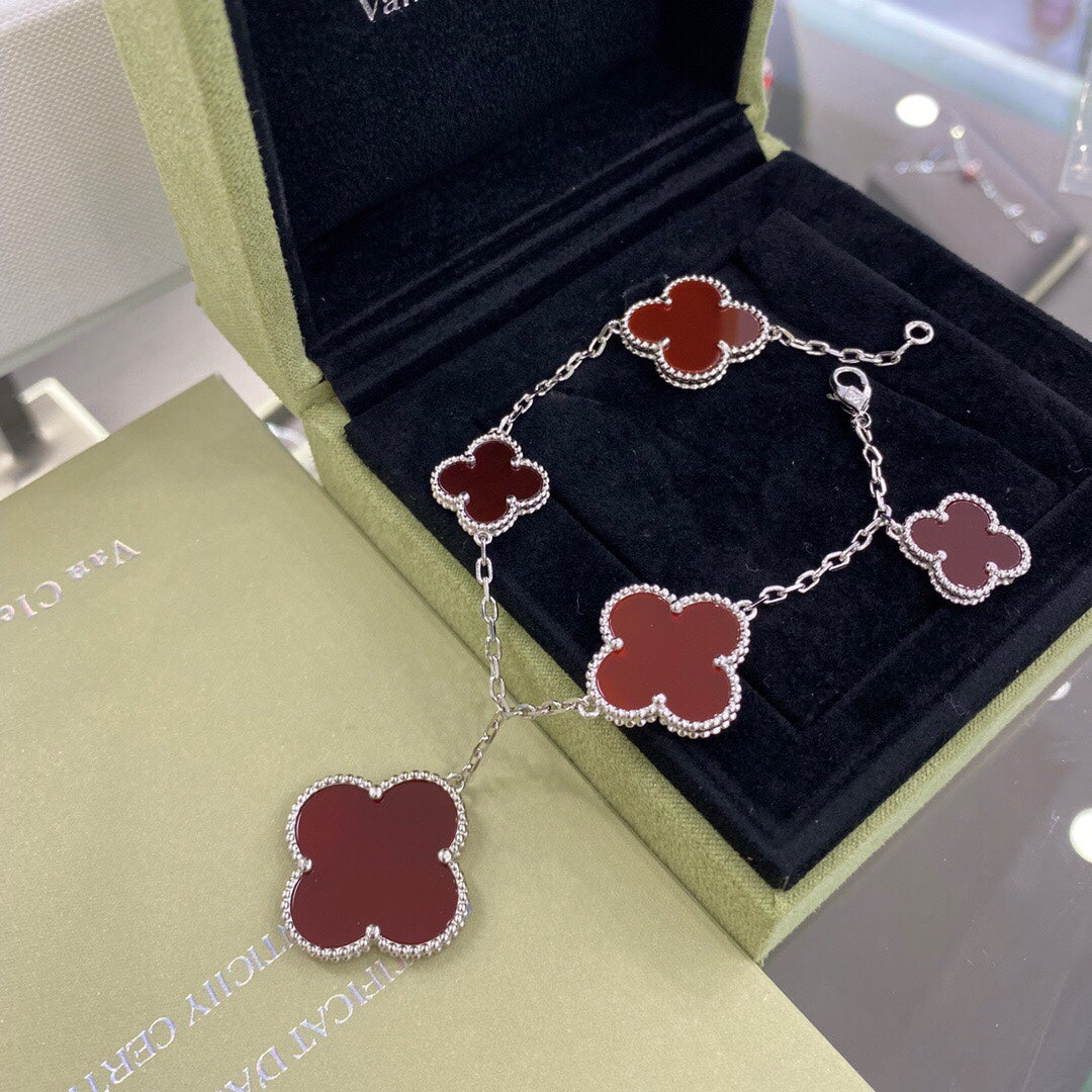 [Super CiCi ]CLOVER 5 MOTIFS SIVLER CARNELIAN BRACELET
