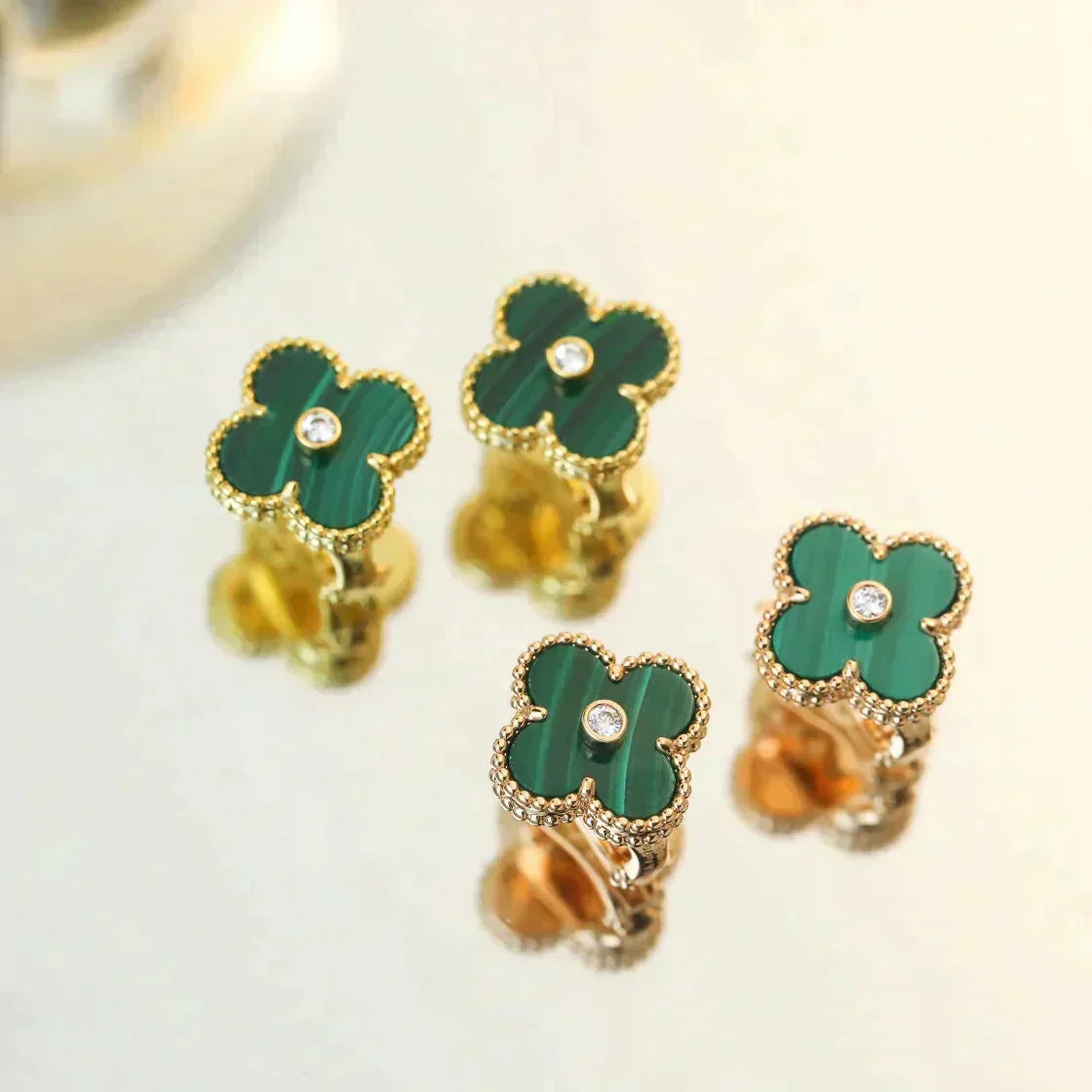 [Super CiCi ]CLOVER MEDIUM 1 MOTIFS MALACHITE DIAMOND EARRINGS