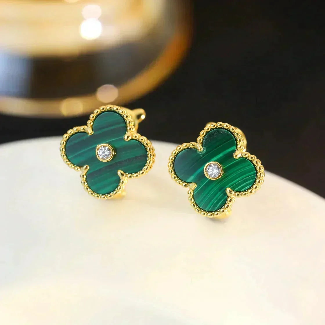 [Super CiCi ]CLOVER MEDIUM 1 MOTIFS MALACHITE DIAMOND EARRINGS