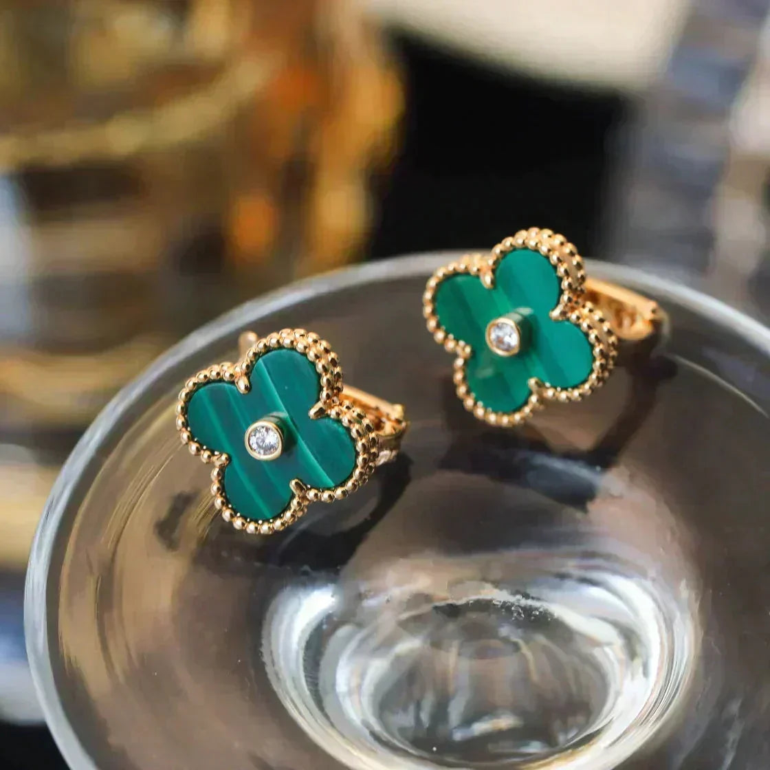 [Super CiCi ]CLOVER MEDIUM 1 MOTIFS MALACHITE DIAMOND EARRINGS