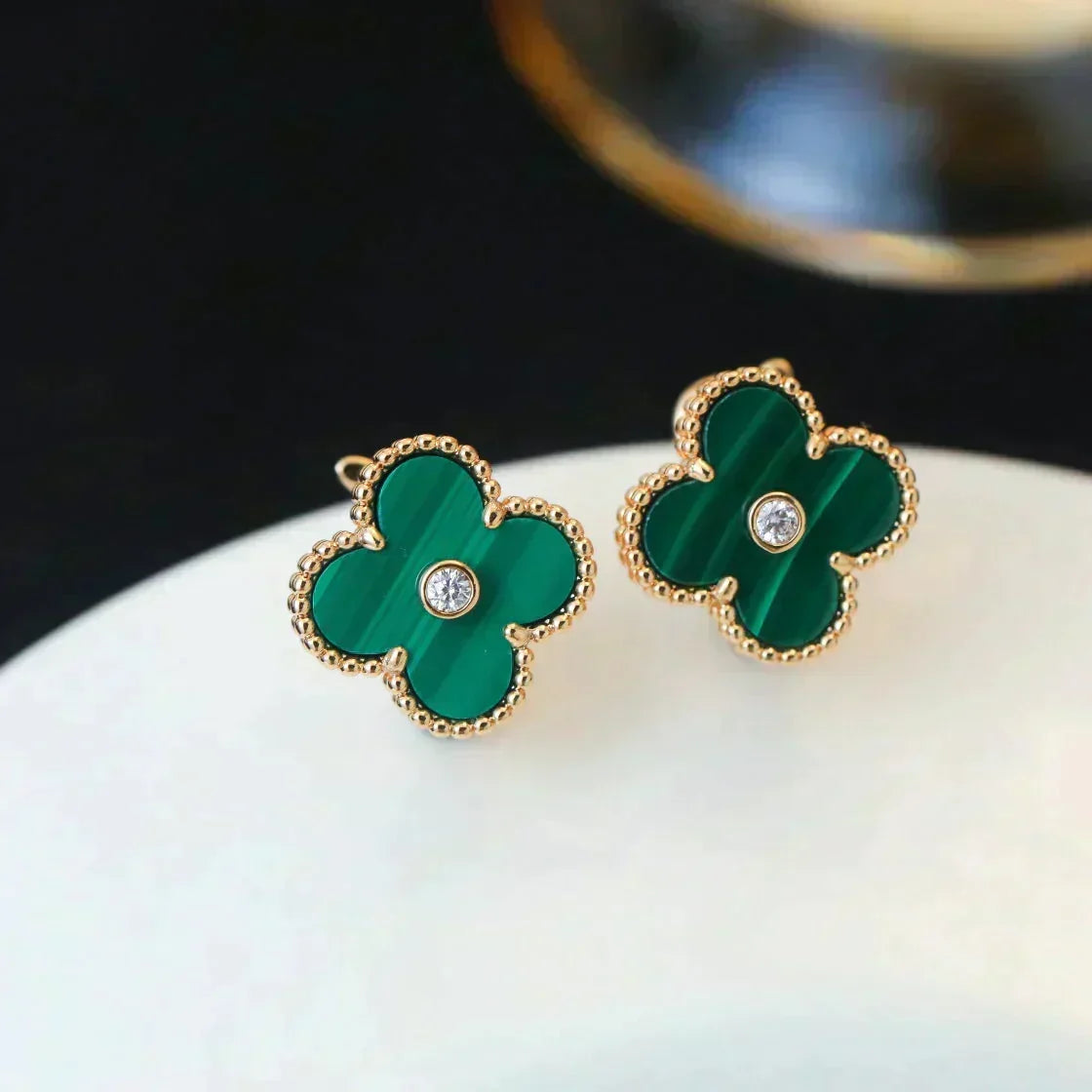 [Super CiCi ]CLOVER MEDIUM 1 MOTIFS MALACHITE DIAMOND EARRINGS