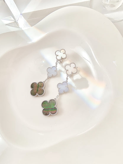 [Super CiCi ]CLOVER 3 MOTIFS CHALCEDONY DARK MOP SILVER EARRINGS