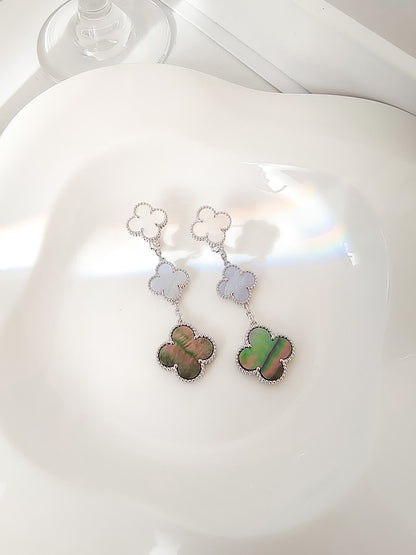 [Super CiCi ]CLOVER 3 MOTIFS CHALCEDONY DARK MOP SILVER EARRINGS
