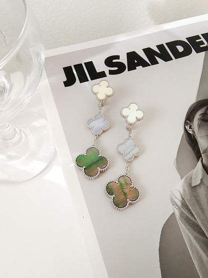 [Super CiCi ]CLOVER 3 MOTIFS CHALCEDONY DARK MOP SILVER EARRINGS