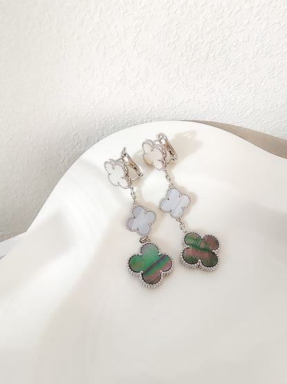 [Super CiCi ]CLOVER 3 MOTIFS CHALCEDONY DARK MOP SILVER EARRINGS