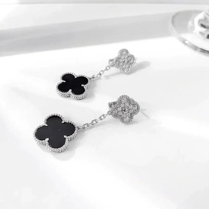 [Super CiCi ]CLOVER 2 MOTIFS  DIAMOND ONYX EARRINGS SILVER