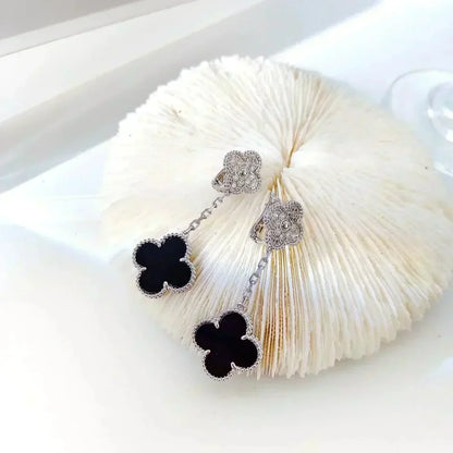 [Super CiCi ]CLOVER 2 MOTIFS  DIAMOND ONYX EARRINGS SILVER