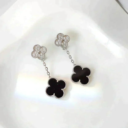 [Super CiCi ]CLOVER 2 MOTIFS  DIAMOND ONYX EARRINGS SILVER