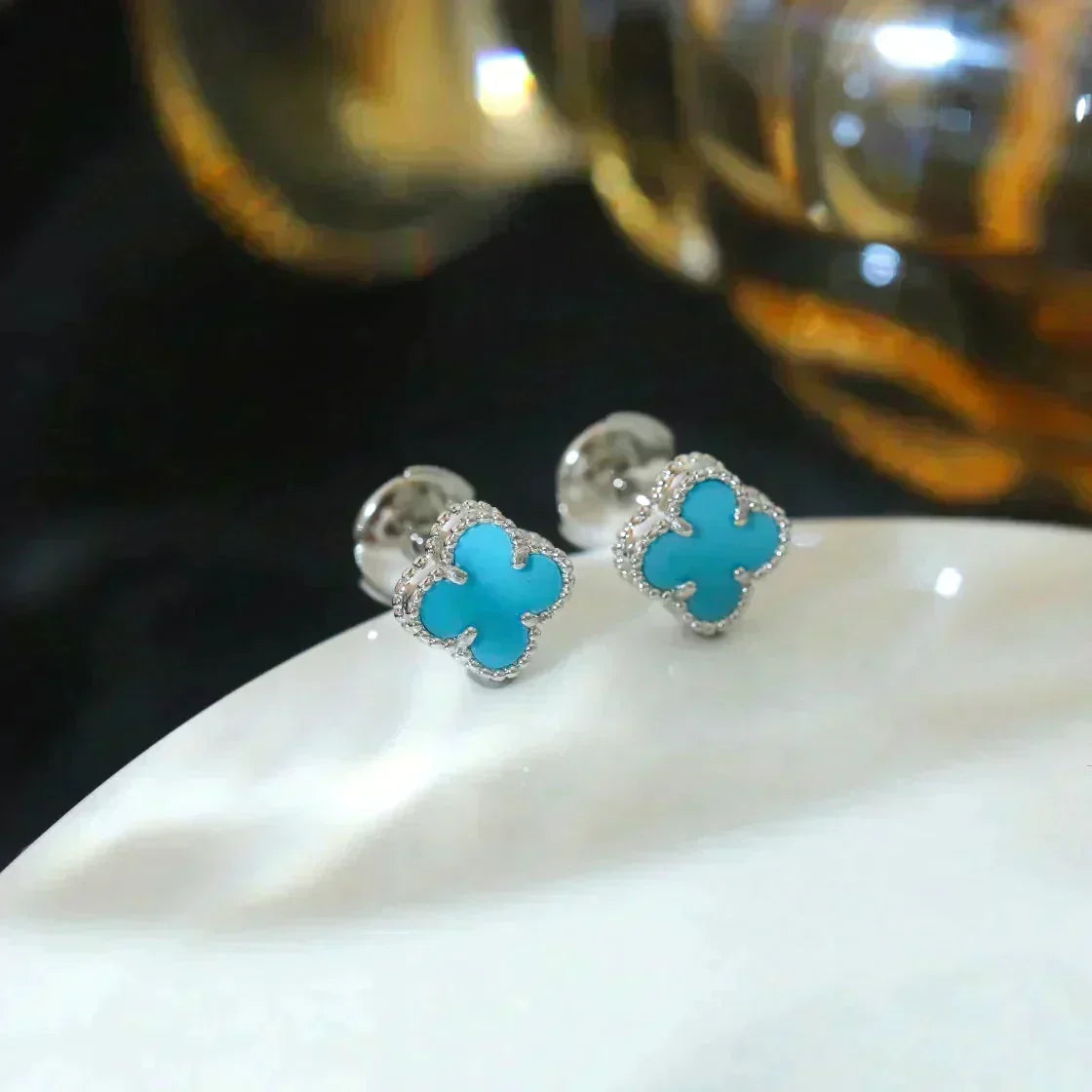 [Super CiCi ]CLOVER MINI 9.5MM ONYX STUD EARRINGS SILVER
