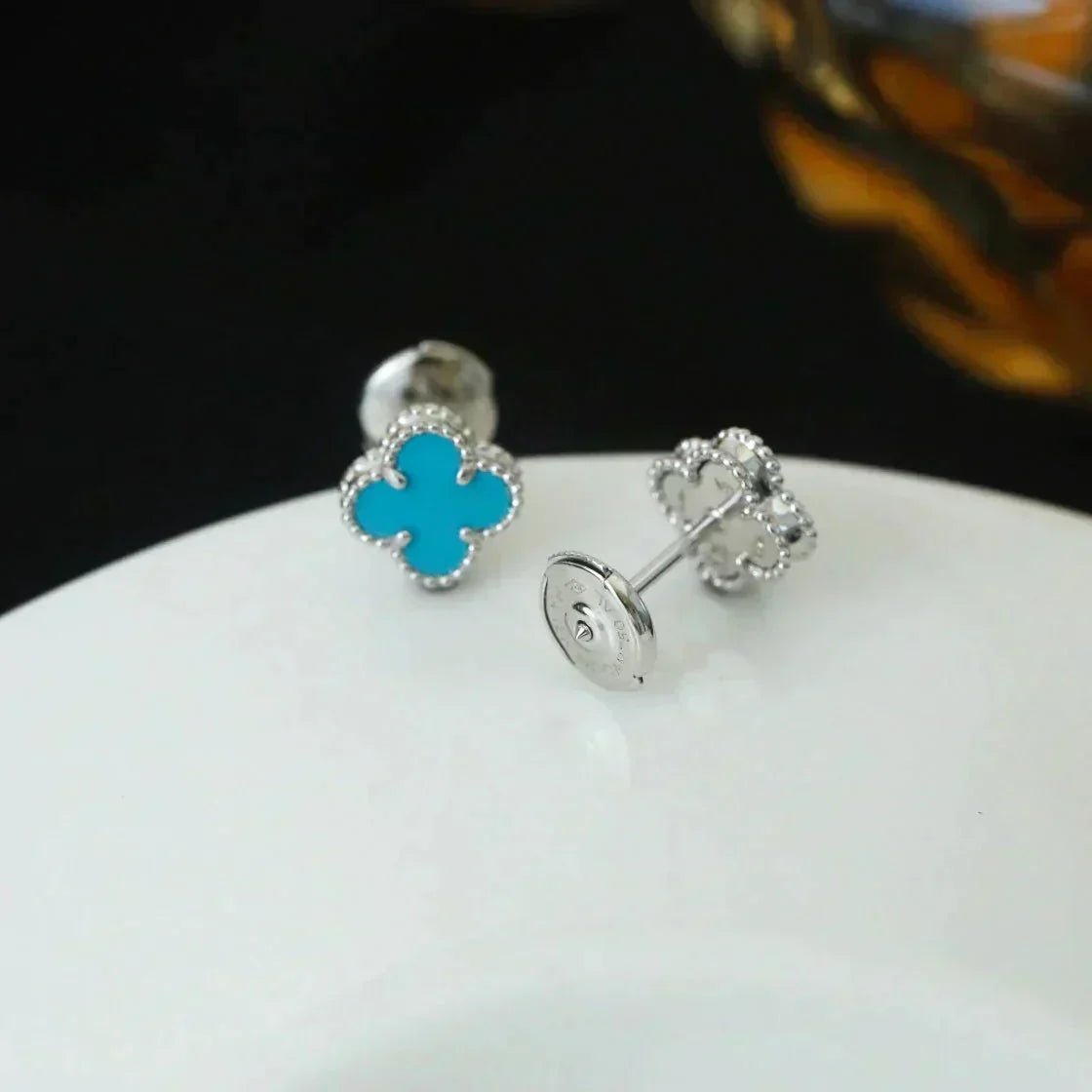[Super CiCi ]CLOVER MINI 9.5MM ONYX STUD EARRINGS SILVER