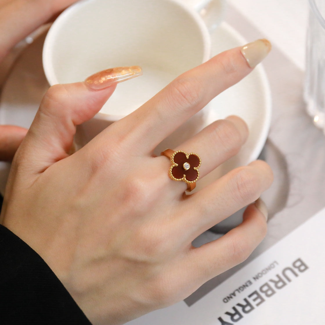 [Super CiCi ]CLOVER CARNELIAN RING ROSE GOLD DIAMOND