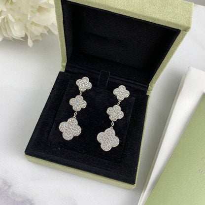 [Super CiCi ]CLOVER 3 MOTIF DIAMOND SILVER DROP EARRINGS