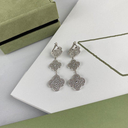 [Super CiCi ]CLOVER 3 MOTIF DIAMOND SILVER DROP EARRINGS