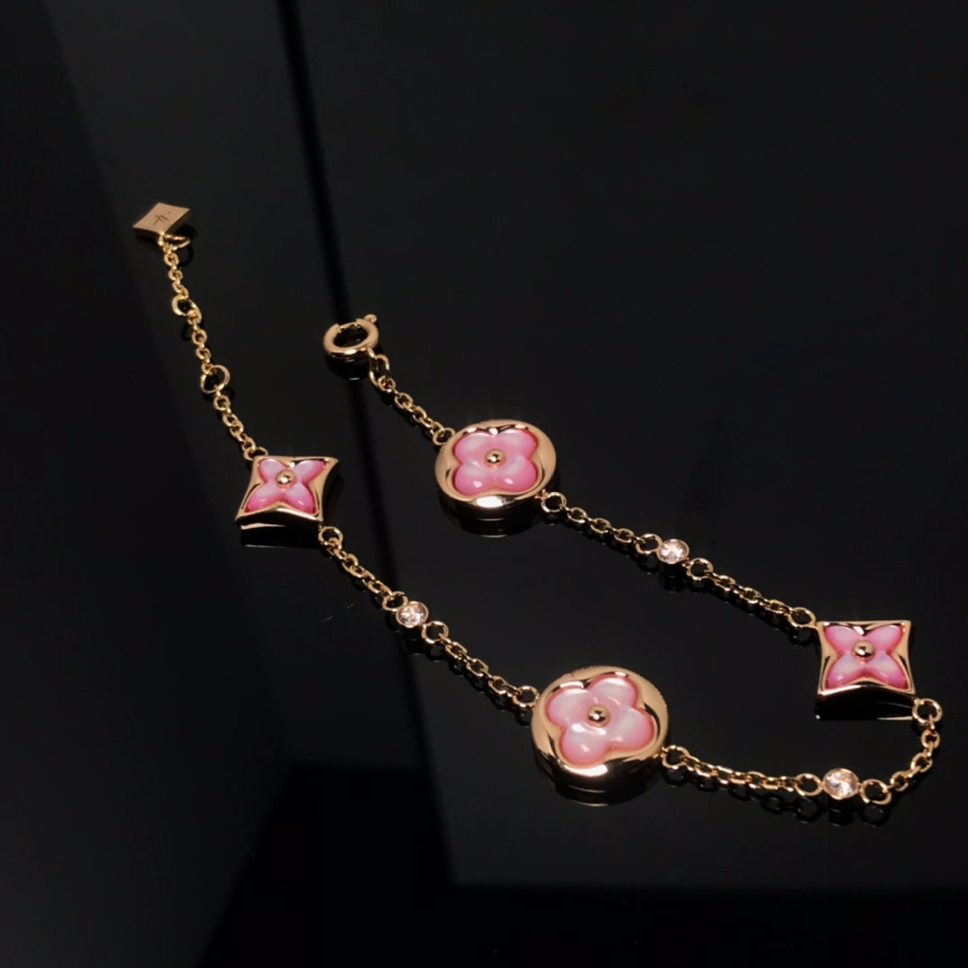 [Super CiCi ]STAR AND SUN 4 MOTIF PINK MOP PINK GOLD BRACELET
