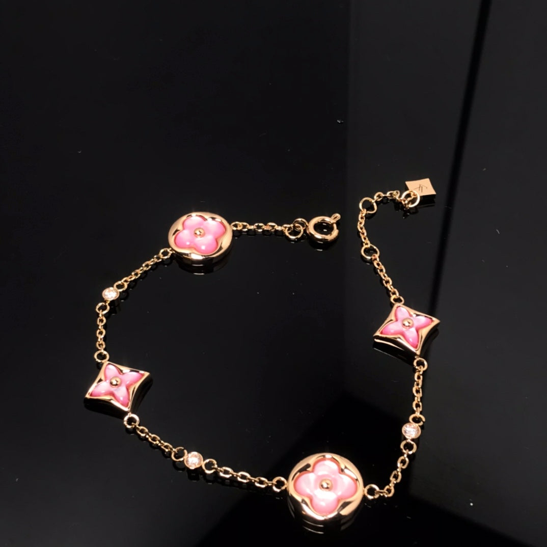[Super CiCi ]STAR AND SUN 4 MOTIF PINK MOP PINK GOLD BRACELET
