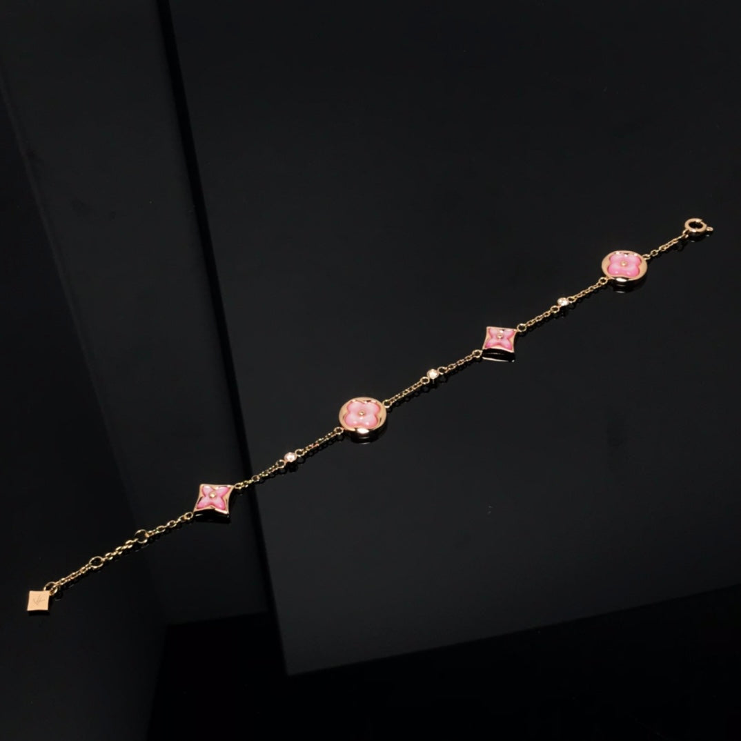 [Super CiCi ]STAR AND SUN 4 MOTIF PINK MOP PINK GOLD BRACELET