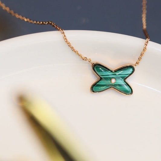 [Super CiCi ]JEUX MALACHITE 1 DIAMOND PINK GOLD NECKLACE