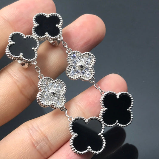 [Super CiCi ]CLOVER 3 MOTIF DIAMOND ONYX SILVER EARRINGS
