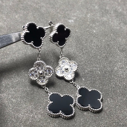 [Super CiCi ]CLOVER 3 MOTIF DIAMOND ONYX SILVER EARRINGS