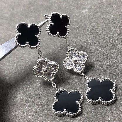 [Super CiCi ]CLOVER 3 MOTIF DIAMOND ONYX SILVER EARRINGS