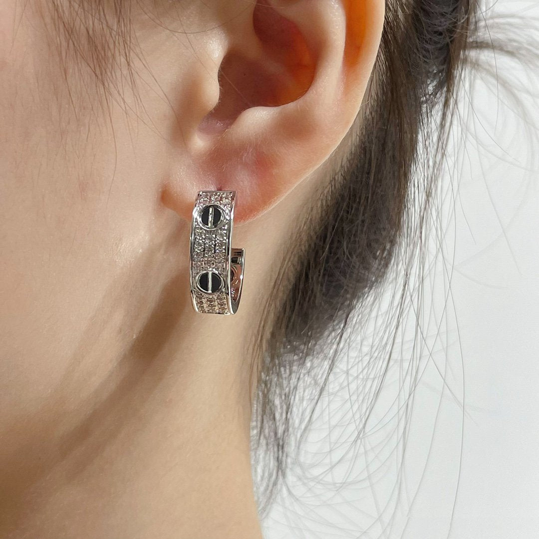 [Super CiCi ]LOVE CERAMIC DIAMOND PAVED SILVER EARRINGS