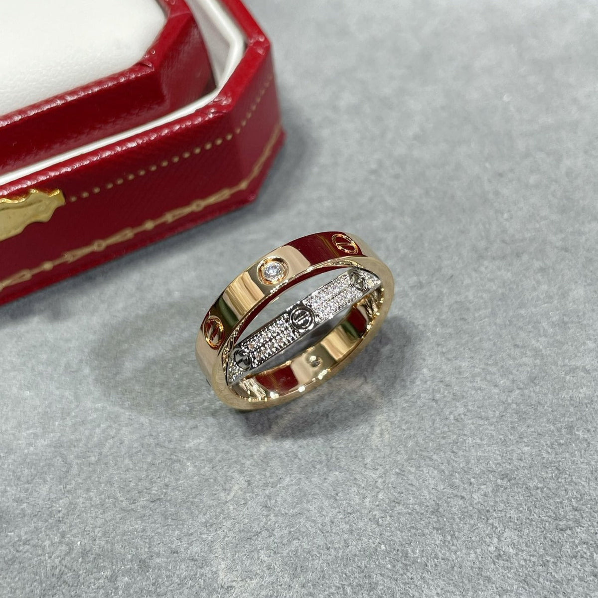 [Super CiCi ]LOVE PINK GOLD SILVER DIAMOND DOUBLE RING