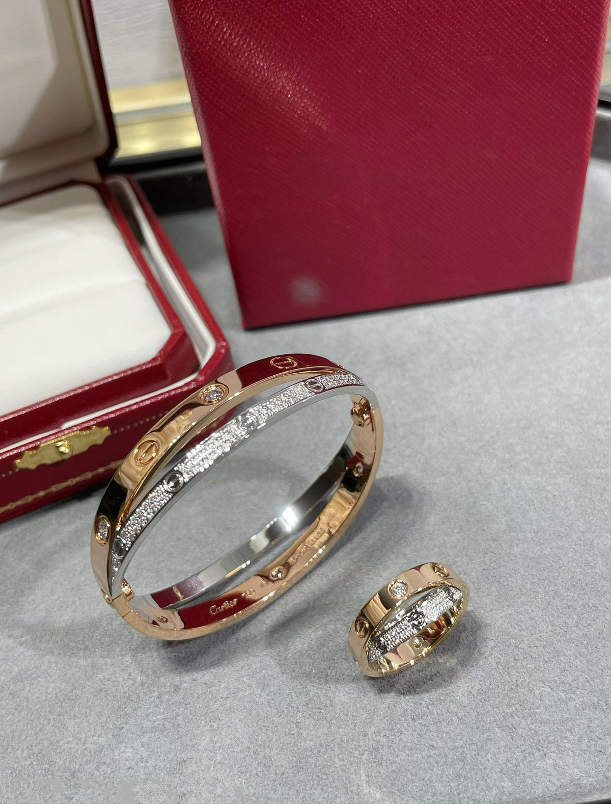 [Super CiCi ]LOVE PINK GOLD SILVER DIAMOND DOUBLE RING