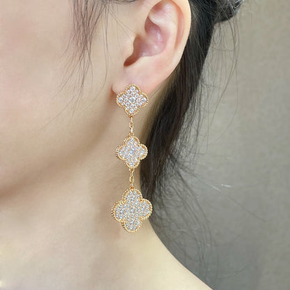 [Super CiCi ]CLOVER 3 MOTIFS DIAMOND PAVED ROSE GOLD EARRINGS