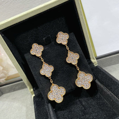 [Super CiCi ]CLOVER 3 MOTIFS DIAMOND PAVED ROSE GOLD EARRINGS
