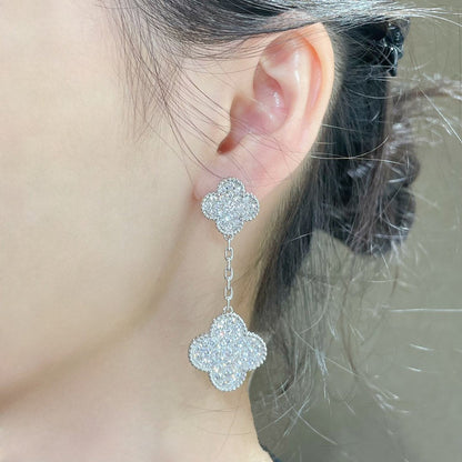 [Super CiCi ]CLOVER 2 MOTIFS DIAMOND PAVED SILVER EARRINGS