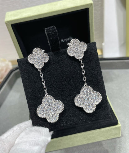 [Super CiCi ]CLOVER 2 MOTIFS DIAMOND PAVED SILVER EARRINGS