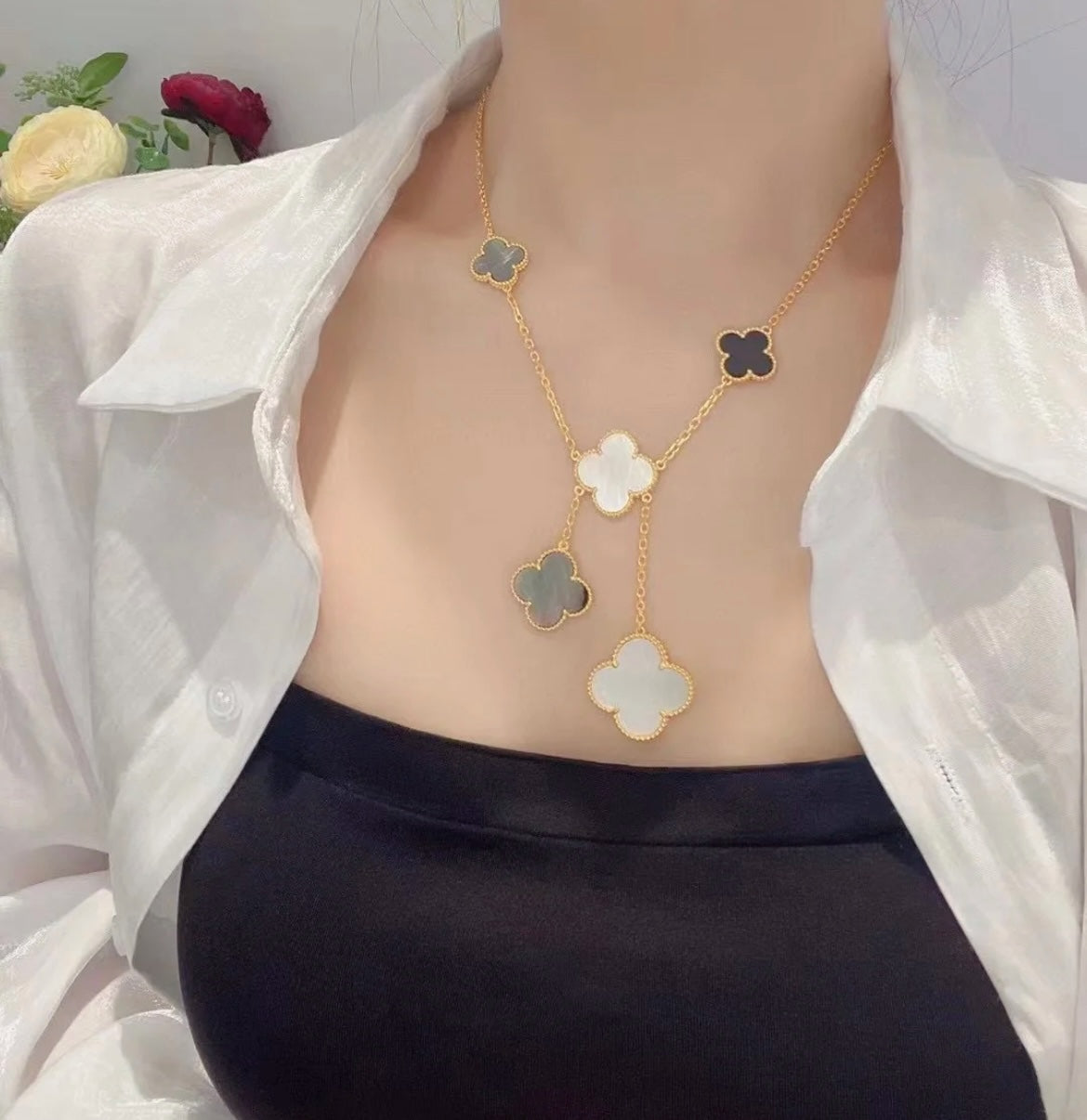 [Super CiCi ]CLOVER 6 MOTIF MOP ONYX GOLD NECKLACE
