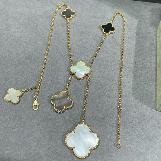 [Super CiCi ]CLOVER 6 MOTIF MOP ONYX GOLD NECKLACE