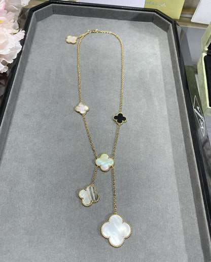 [Super CiCi ]CLOVER 6 MOTIF MOP ONYX GOLD NECKLACE