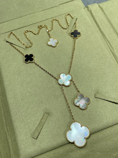 [Super CiCi ]CLOVER 6 MOTIF MOP ONYX GOLD NECKLACE