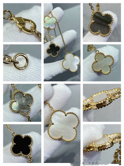 [Super CiCi ]CLOVER 6 MOTIF MOP ONYX GOLD NECKLACE