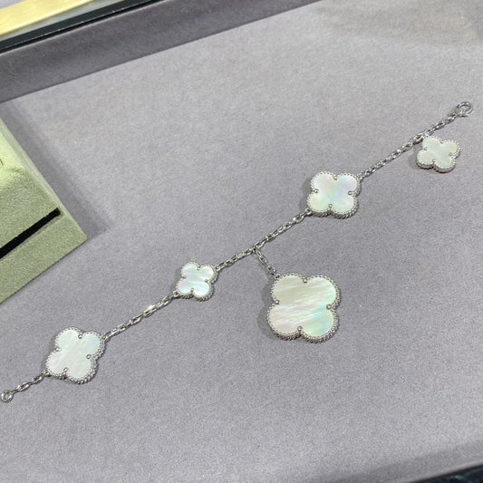 [Super CiCi ]CLOVER 5 MOTIF WHITE MOP SILVER BRACELET