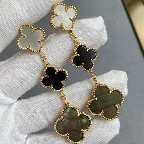 [Super CiCi ]CLOVER 3 MOTIF MOP ONYX DARK MOP PINK GOLD EARRINGS