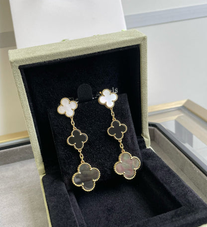 [Super CiCi ]CLOVER 3 MOTIF MOP ONYX DARK MOP PINK GOLD EARRINGS