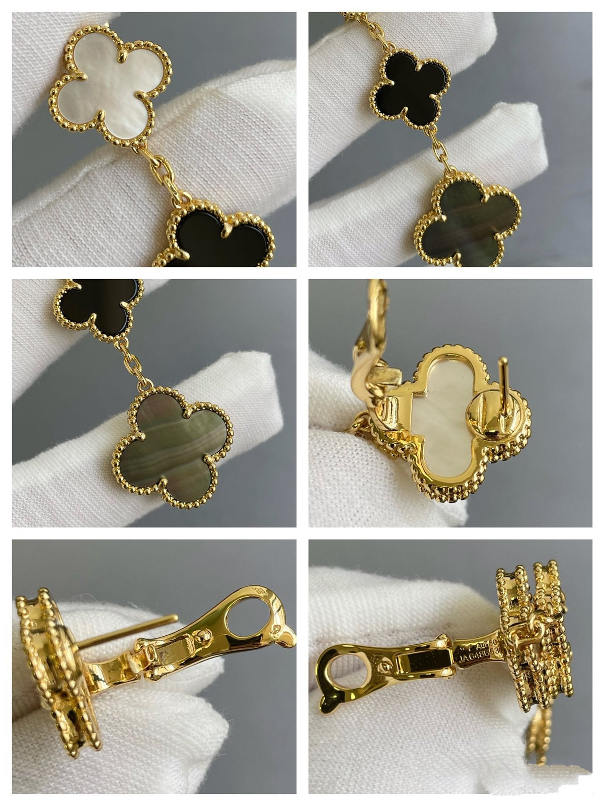 [Super CiCi ]CLOVER 3 MOTIF MOP ONYX DARK MOP PINK GOLD EARRINGS