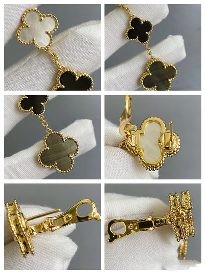 [Super CiCi ]CLOVER 3 MOTIF MOP ONYX DARK MOP PINK GOLD EARRINGS